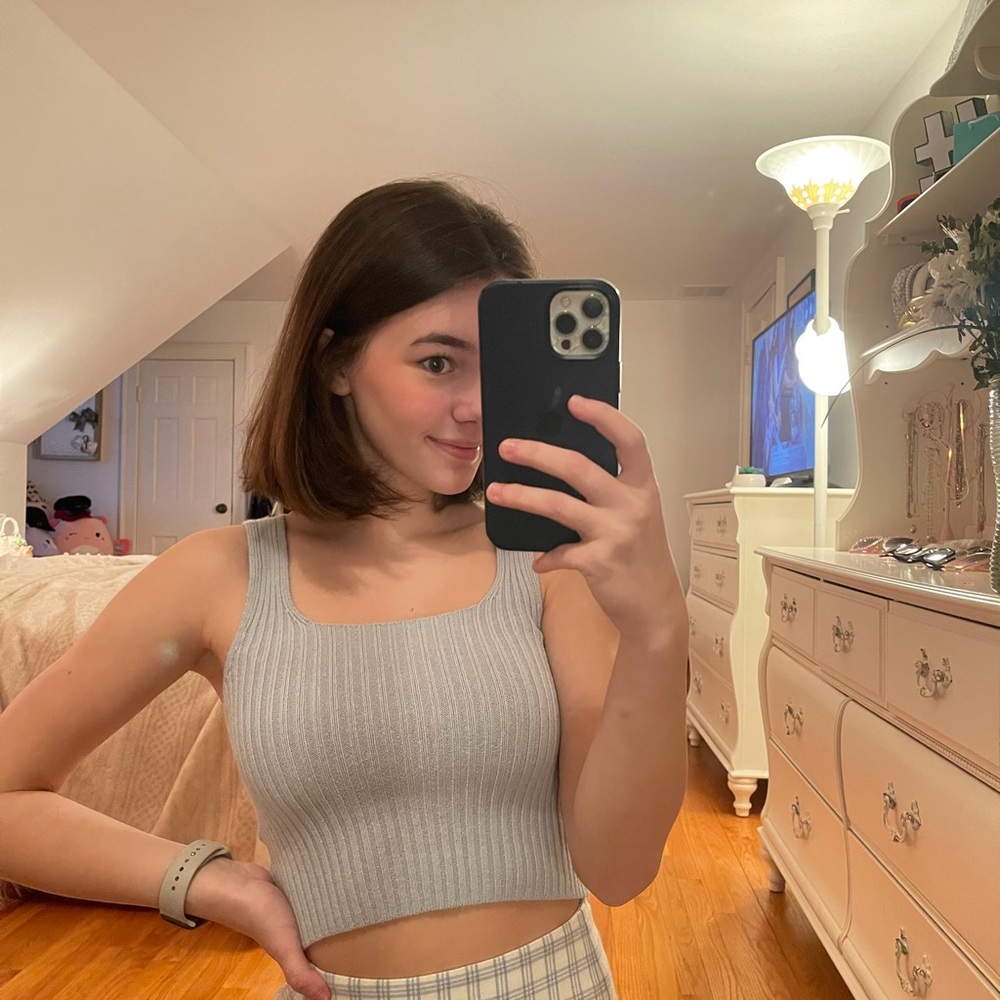 John Galt, Blue Knit, Square Neck Cropped Top